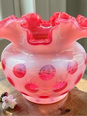 Fenton Cranberry Coin Dot Art Glass Ruffled Vase Lamp Shade 5 Inch Drilled